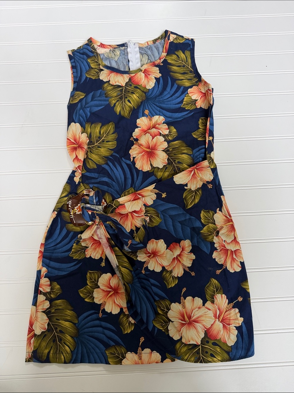 (319)Hawaii Station Hawaiian Hibiscus Floral Dress Navy Blue Cotton Belted M